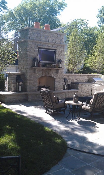 Outdoor Fireplace with TV and Built-In Grill: Full-Size Natural Stone